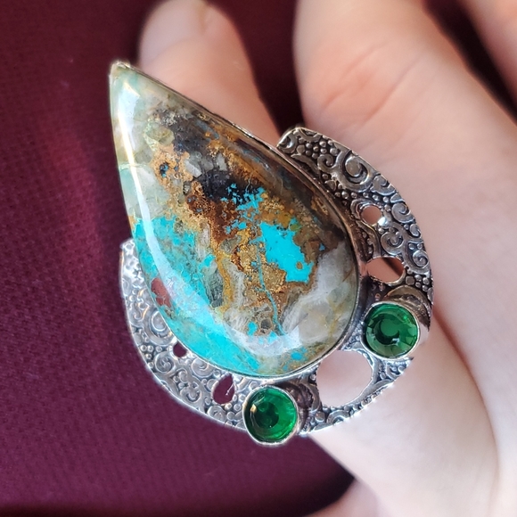 New Oversized Chrysocolla & Diopside 925 Silver Statement Ring. - Picture 6 of 14